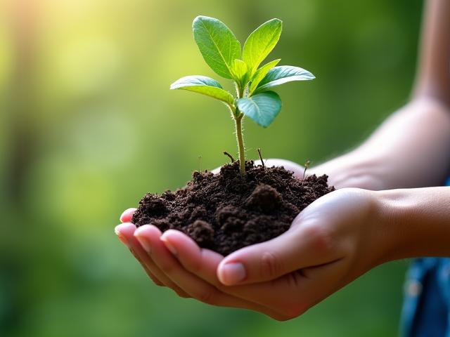 Image of a hand holding a seedling growing in soil, symbolizing sustainable growth and investment