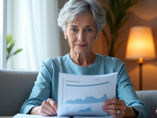 Woman looking pensively at a financial chart, representing retirement planning.